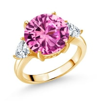 Gem Stone King 18K Yellow Gold Plated Silver Pink Created Sapphire and White Moissanite 3-Stone Ring for Women (8.74 Cttw, Round 12MM, Trillion 5MM, Size 8)