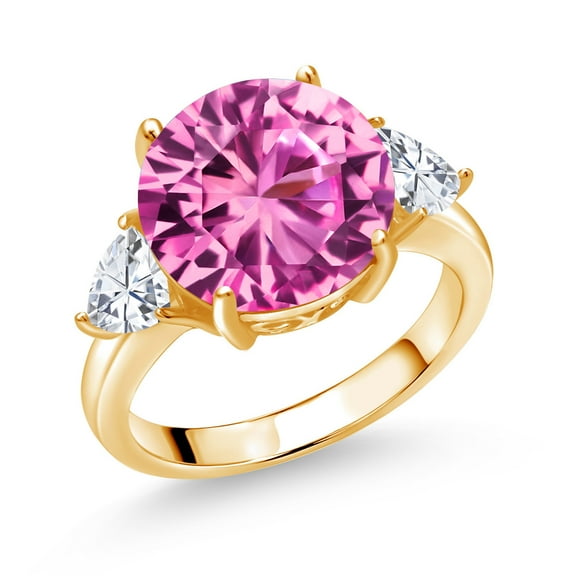 Gem Stone King 18K Yellow Gold Plated Silver Pink Created Sapphire and White Moissanite 3-Stone Ring for Women (8.74 Cttw, Round 12MM, Trillion 5MM, Size 8)