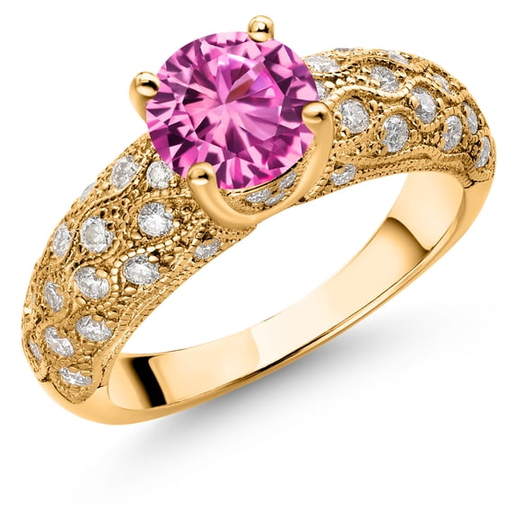 Gem Stone King 18K Yellow Gold Plated Silver Pink Created Sapphire and White Moissanite Engagement Ring for Women (2.00 Cttw, Round 7MM, Gemstone September Birthstone, Size 7)