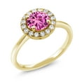 thumbnail image 1 of Gem Stone King 18K Yellow Gold Plated Silver Pink Created Sapphire and White Moissanite Halo Engagement Ring for Women (1.79 Cttw, Gemstone September Birthstone, Round 7MM, Size 8), 1 of 5