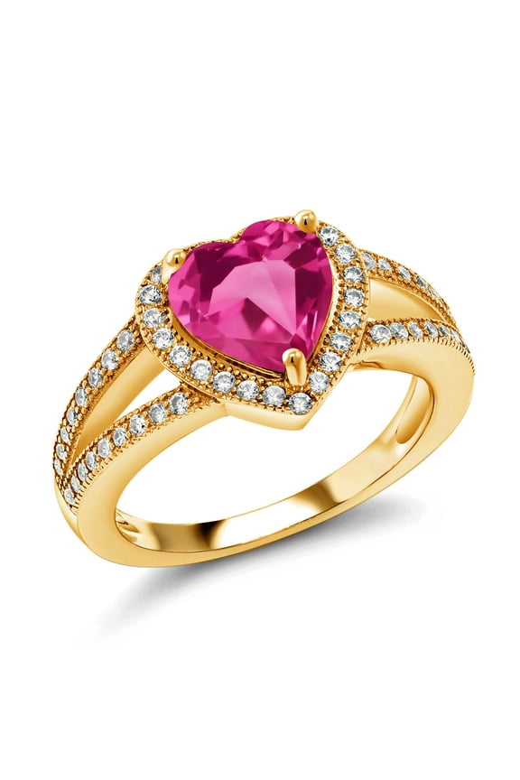 18K Yellow Gold Plated Silver Pink Created Sapphire and White Moissanite Ring for Women (2.51 Cttw, Gemstone September Birthstone, Heart Shape 8MM, Available in Size 5,6,7,8,9)