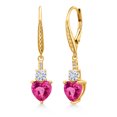 thumbnail image 1 of Gem Stone King 18K Yellow Gold Plated Silver Pink Created Sapphire White Moissanite and White Lab Grown Diamond Drop Dangle Earrings for Women (3.29 Cttw, Heart Shape 7MM, Round 4MM), 1 of 4