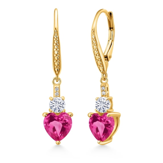 Gem Stone King 18K Yellow Gold Plated Silver Pink Created Sapphire White Moissanite and White Lab Grown Diamond Drop Dangle Earrings for Women (3.29 Cttw, Heart Shape 7MM, Round 4MM)