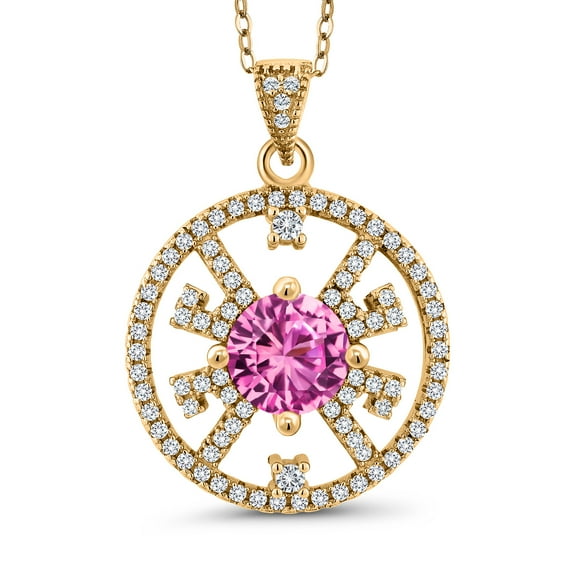 Gem Stone King 18K Yellow Gold Plated Silver Pink Created Sapphire and White Zirconia Pendant Necklace for Women | 2.31 Cttw | Gemstone September Birthstone | Round 7MM | With 18 inch Chain