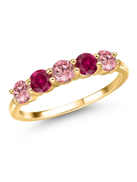 18K Yellow Gold Plated Silver Pink Lab Grown Diamond and Red Created Ruby Wedding-Bands Ring for Women | 1.25 Cttw | Round 4MM | Gemstone April Birthstone | Size 9