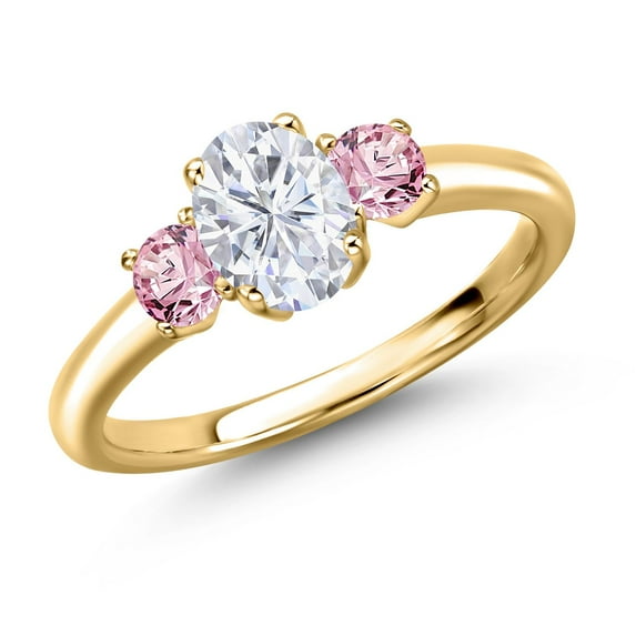 Gem Stone King 18K Yellow Gold Plated Silver White Moissanite and Pink Lab Grown Diamond Engagement Ring for Women | 1.26 Cttw | Oval 7X5MM | Gemstone Birthstone | Size 6
