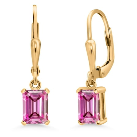 Gem Stone King 18K Yellow Gold Plated Silver Pink Moissanite Drop Dangle Earrings for Women (2 Cttw, Gemstone April Birthstone, Emerald Cut 7X5MM)