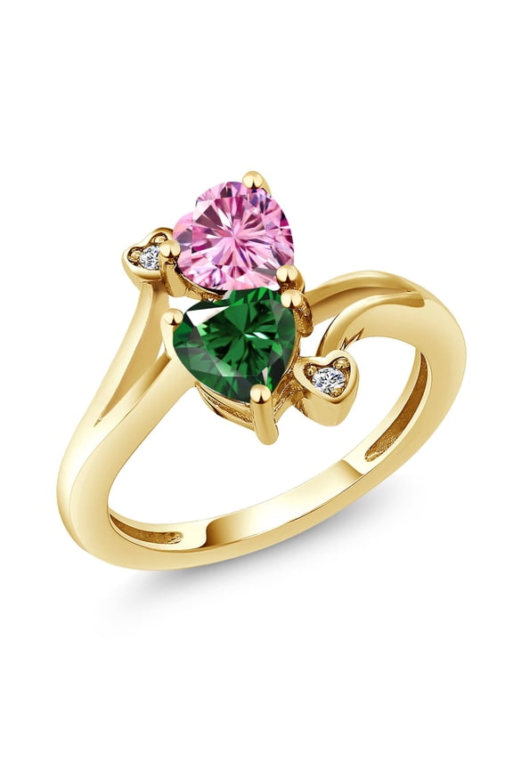 18K Yellow Gold Plated Silver Pink Moissanite Green Nano Emerald and White Moissanite Ring for Women (1.53 Cttw, Heart Shape 6MM, Gemstone Birthstone, Size 9)