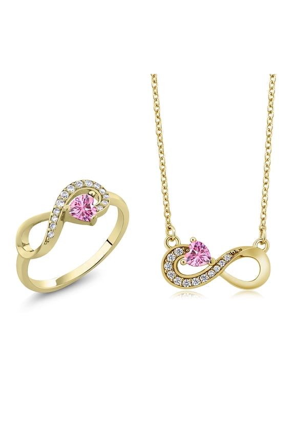 18K Yellow Gold Plated Silver Pink Moissanite Infinity Ring Pendant Jewelry Set for Women (0.75 Cttw, Gemstone Birthstone, Heart 4MM, with 18 inch Silver Chain)