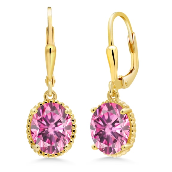 Gem Stone King 18K Yellow Gold Plated Silver Pink Moissanite Leverback Dangle Earrings for Women (4.00 Cttw, Gemstone Birthstone, Oval 9X7MM)