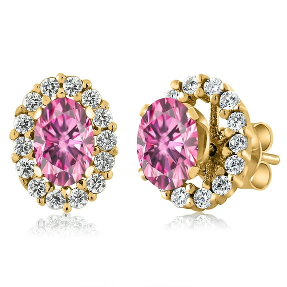 Gem Stone King 18K Yellow Gold Plated Silver Pink Moissanite Stud Earrings with Removable Jackets for Women (1.28 Cttw, Gemstone Birthstone, Oval 6X4MM)