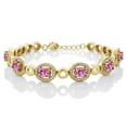 thumbnail image 1 of Gem Stone King 18K Yellow Gold Plated Silver Pink Moissanite Tennis Bracelet for Women (7.32 Cttw, Oval 7X5MM, 7 inch with 1 inch Extender), 1 of 4
