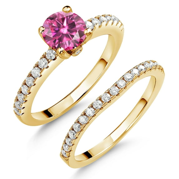 Gem Stone King 18K Yellow Gold Plated Silver Pink Moissanite and White Moissanite Wedding Engagement Band Bridal Set Ring for Women (1.29 Cttw, Gemstone, Available in Size 5, 6, 7, 8, 9)
