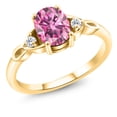 thumbnail image 1 of Gem Stone King 18K Yellow Gold Plated Silver Pink Moissanite and White Topaz 3-Stone Rings for Women (1.46 Cttw, Gemstone, Oval 8X6MM, Available in Size 5, 6, 7, 8, 9), 1 of 4