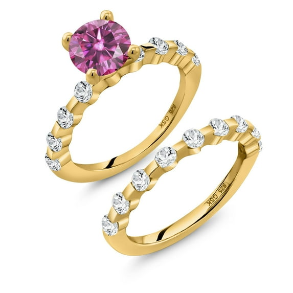 Gem Stone King 18K Yellow Gold Plated Silver Pink Moissanite and White Topaz Wedding Engagement Ring Band Bridal Set for Women (2.56 Cttw, Gemstone, Round 7MM, Size 9)