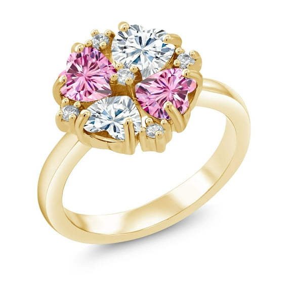 Gem Stone King 18K Yellow Gold Plated Silver Pink Moissanite and Moissanite Ring for Women (2.08 Cttw, Heart Shape 5MM, Gemstone Birthstone, Size 7)