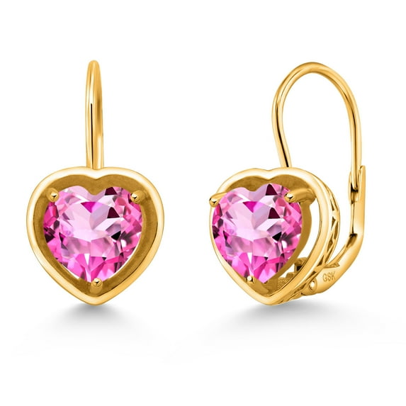 Gem Stone King 18K Yellow Gold Plated Silver Pink Mystic Topaz Dangle Leverback Earrings for Women (2.60 Cttw, Heart Shape 7MM)