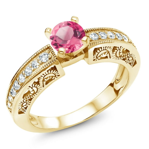 Gem Stone King 18K Yellow Gold Plated Silver Pink Mystic Topaz Engagement Filigree Ring for Women (1.59 Cttw, Round 6MM, Gemstone November Birthstone, Size 9)