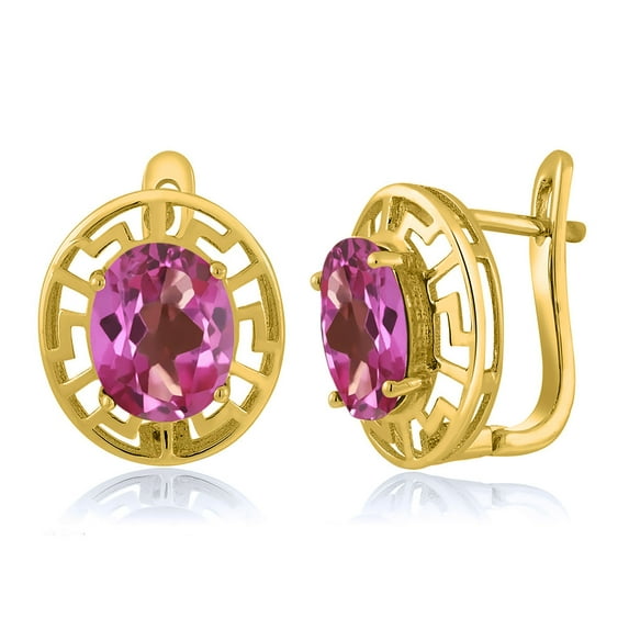 Gem Stone King 18K Yellow Gold Plated Silver Pink Mystic Topaz Greek Key Earrings for Women (6.50 Cttw, Gemstone Birthstone, Oval 10X8MM)