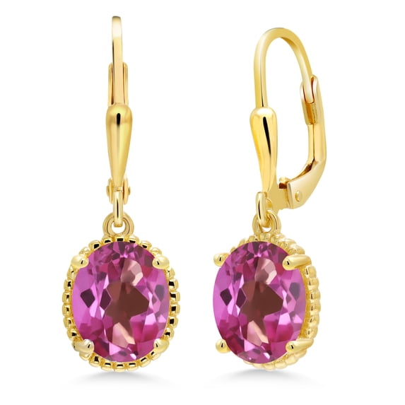 Gem Stone King 18K Yellow Gold Plated Silver Pink Mystic Topaz Leverback Dangle Earrings for Women (3.60 Cttw, Gemstone Birthstone, Oval 9X7MM)