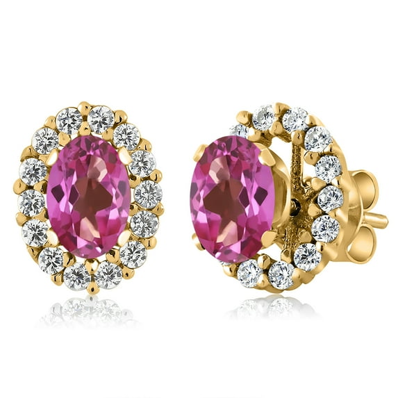Gem Stone King 18K Yellow Gold Plated Silver Pink Mystic Topaz Stud Earrings with Removable Jackets for Women (1.36 Cttw, Gemstone Birthstone, Oval 6X4MM)