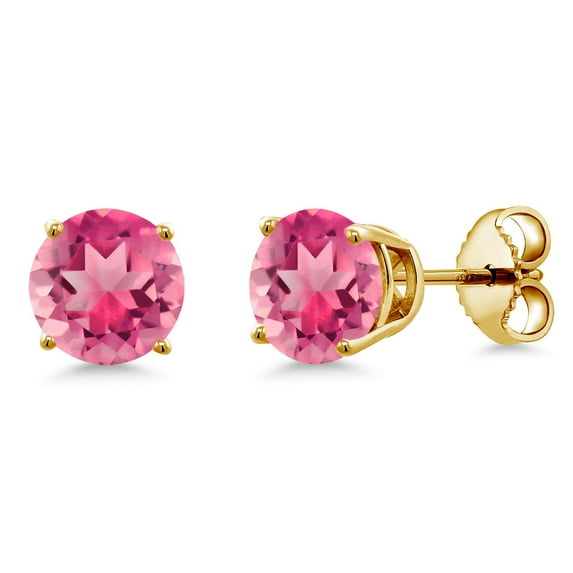 Gem Stone King 18K Yellow Gold Plated Silver Pink Mystic Topaz Stud Earrings for Women Men (3.00 Cttw, Gemstone November Birthstone, Round 6MM)