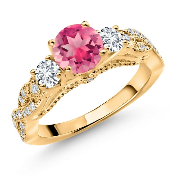 Gem Stone King 18K Yellow Gold Plated Silver Pink Mystic Topaz White Lab Grown Diamond and White Moissanite Engagement Ring for Women (1.97 Cttw, Gemstone, Round 6MM and 3MM, Size 8)