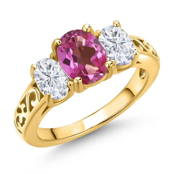 Gem Stone King 18K Yellow Gold Plated Silver Pink Mystic Topaz and White Moissanite Filigree Style 3 Stone Ring for Women (2.30 Cttw, Oval 8X6MM and 6X4MM) (Size 5)