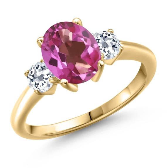 Gem Stone King 18K Yellow Gold Plated Silver Pink Mystic Topaz and White Topaz Engagement Ring for Women | 2.86 Cttw | Oval 9X7MM | Gemstone November Birthstone | Size 7