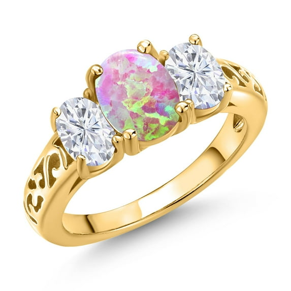 Gem Stone King 18K Yellow Gold Plated Silver Pink Opal and White Moissanite Filigree Style 3 Stone Ring for Women (2.05 Cttw, Oval 8X6MM and 6X4MM) (Size 7)