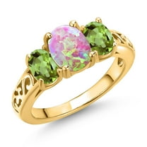 Gem Stone King 18K Yellow Gold Plated Silver Pink Opal and Green Peridot Filigree Style 3-Stone Ring for Women | 2.05 Cttw | Oval 8X6MM and 6X4MM | Gemstone Birthstone (Size 9)