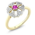 thumbnail image 1 of Gem Stone King 18K Yellow Gold Plated Silver Pink Sapphire and I Diamond Engagement Ring for Women | 0.13 Cttw | Round 3MM | Gemstone September Birthstone | Size 8, 1 of 2
