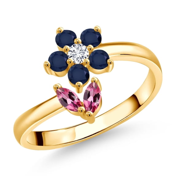 Gem Stone King 18K Yellow Gold Plated Silver Pink Tourmaline Blue Sapphire and White Lab Grown Diamond Flower Open Ring for Women (0.51 Cttw, Gemstone Birthstone, Size 9)