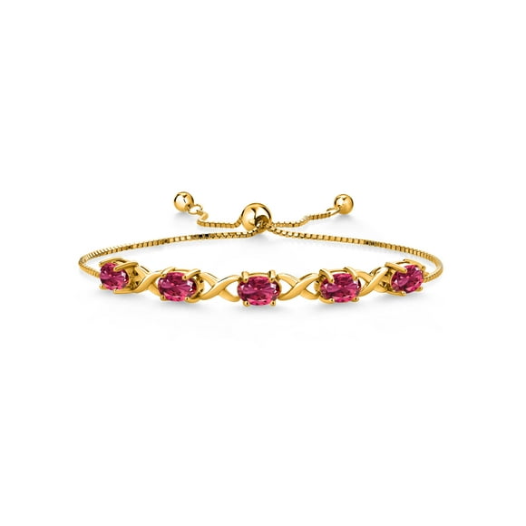 Gem Stone King 18K Yellow Gold Plated Silver Pink Tourmaline Bracelet for Women (4.25 Cttw, Gemstone October Birthstone, Oval 7X5MM, Fully Adjustable up to 9 inches)