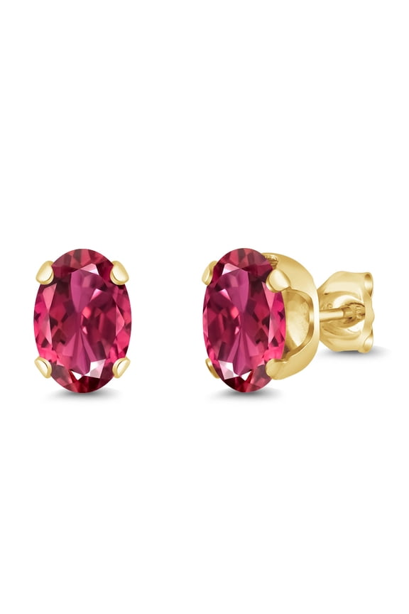 18K Yellow Gold Plated Silver Pink Tourmaline Earrings | 1.70 Cttw Oval 7X5MM Stud Earrings | Gold Earrings for Women Men