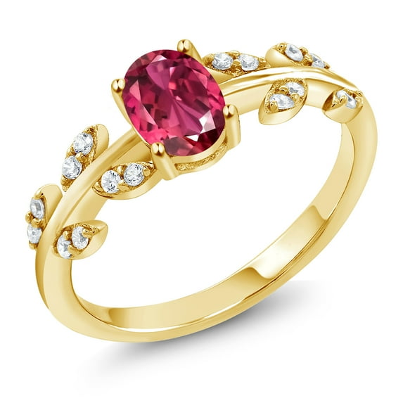 Gem Stone King 18K Yellow Gold Plated Silver Pink Tourmaline Greek Olive Vine Branch Ring for Women (1.06 Cttw, Oval 7X5MM, Gemstone Birthstone, Available in Size 5, 6, 7, 8, 9)