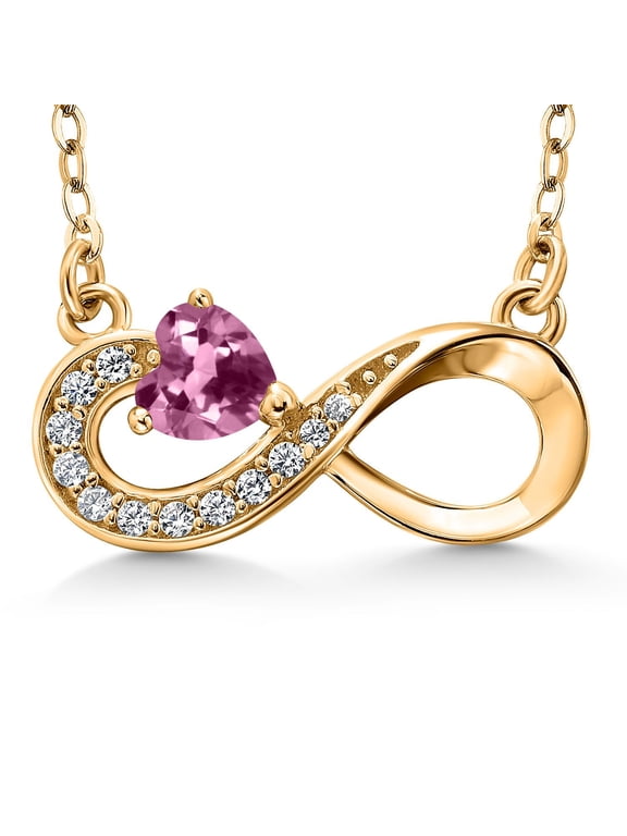 18K Yellow Gold Plated Silver Pink Tourmaline Infinity Pendant Necklace for Women (0.33 Cttw, Heart Shape 4MM, with 18 inch Silver Chain)