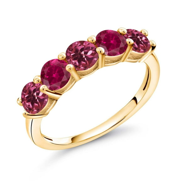 Gem Stone King 18K Yellow Gold Plated Silver Pink Tourmaline and Red Created Ruby Wedding Band Ring for Women (0.95 Cttw, Round 3.5MM, Gemstone October Birthstone, Size 7)