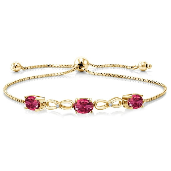 Gem Stone King 18K Yellow Gold Plated Silver Pink Tourmaline and White Lab Grown Diamond Tennis Bracelet for Women (2.57 Cttw, Fully Adjustable up to 9 inch)