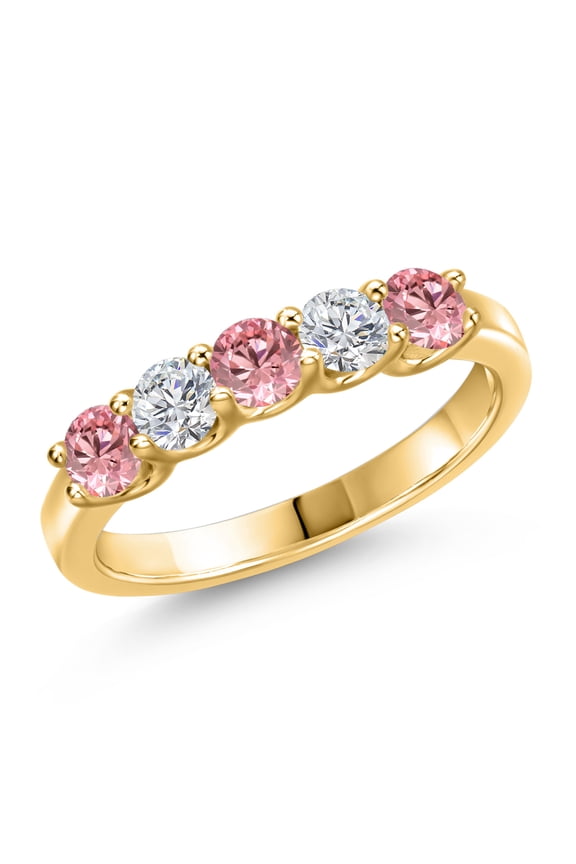 18K Yellow Gold Plated Silver Pink and White Lab Grown Diamond Wedding-Bands Ring for Women | 0.88 Cttw | Round 3.5MM | Gemstone April Birthstone | Size 6