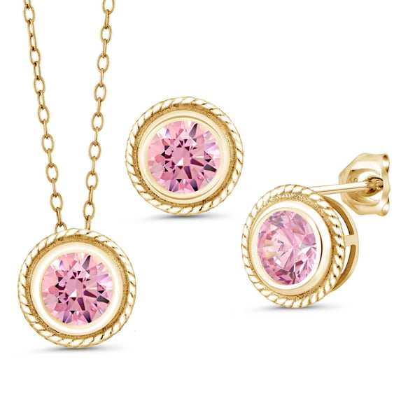 Gem Stone King 18K Yellow Gold Plated Silver Pink Zirconia Pendant Earrings Set for Women (4.50 Cttw, Gemstone Birthstone, Round 6MM, With 18 inch Chain)