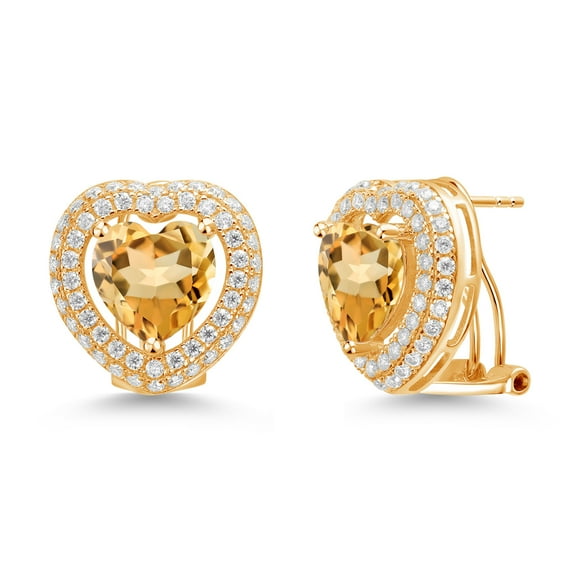 Gem Stone King 18K Yellow Gold Plated Silver Post Clip Stud Earrings Citrine Moissanite (8.15 Cttw)