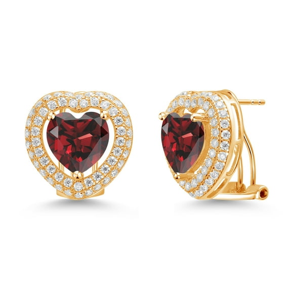 Gem Stone King 18K Yellow Gold Plated Silver Post Clip Stud Earrings Garnet Moissanite (9.65 Cttw)