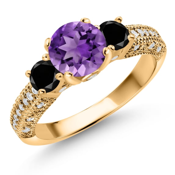 Gem Stone King 18K Yellow Gold Plated Silver Purple Amethyst Black Diamond and White Moissanite Engagement Ring for Women (1.82 Cttw, Gemstone February Birthstone, Round 7MM and 4MM, Size 7)