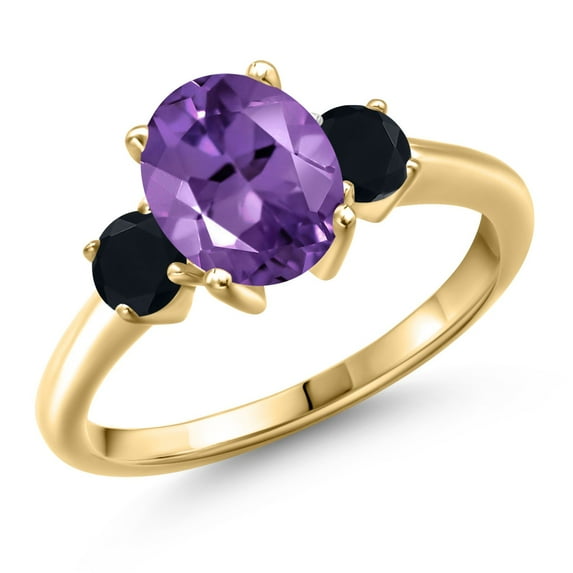 Gem Stone King 18K Yellow Gold Plated Silver Purple Amethyst and Black Onyx Engagement Ring for Women | 2.04 Cttw | Oval 9X7MM | Gemstone February Birthstone | Size 6
