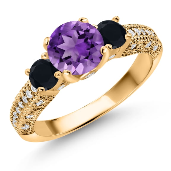 Gem Stone King 18K Yellow Gold Plated Silver Purple Amethyst Black Onyx and White Moissanite Engagement Ring for Women (1.72 Cttw, Gemstone February Birthstone, Round 7MM and 4MM, Size 5)