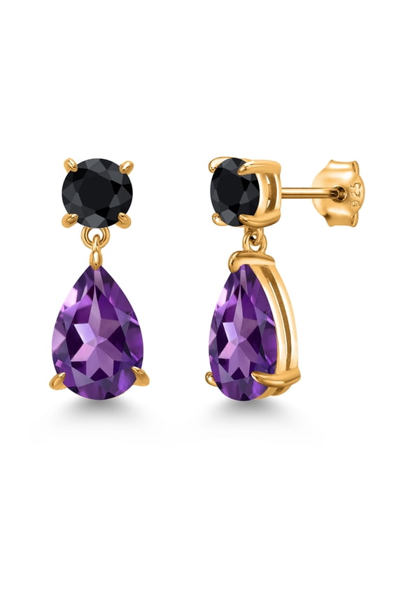 18K Yellow Gold Plated Silver Purple Amethyst and Black Sapphire Teardrop Dangle Drop Earrings for Women (7.60 Cttw, Gemstone Birthstone, Pear Shape 12x8MM, Round 6MM)