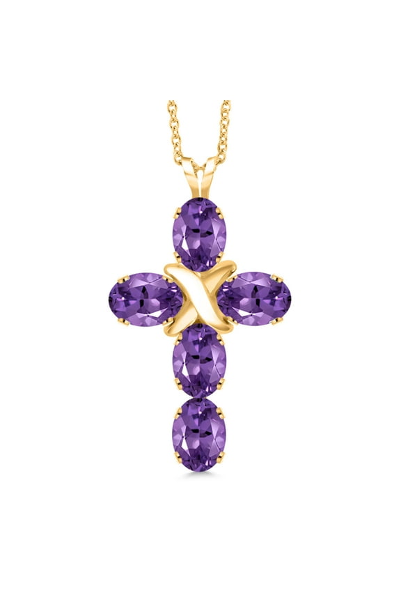 18K Yellow Gold Plated Silver Purple Amethyst Cross Pendant Necklace for Women (2.25 Cttw, Gemstone February Birthstone, Oval 6X4MM, With 18 inch Silver Chain)