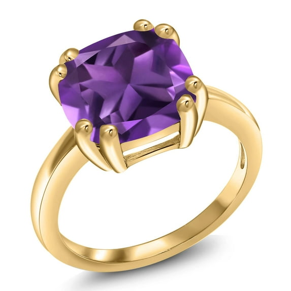 Gem Stone King 18K Yellow Gold Plated Silver Purple Amethyst Double Prong Ring for Women (3.00 Cttw, Cushion 10MM, Gemstone Birthstone, Available in Size 5, 6, 7, 8, 9)
