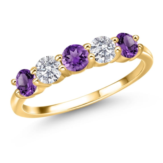 Gem Stone King 18K Yellow Gold Plated Silver Purple Amethyst and E - F Lab Grown Diamond Wedding-Bands Ring for Women | 1.29 Cttw | Round 4MM | Gemstone February Birthstone | Size 7